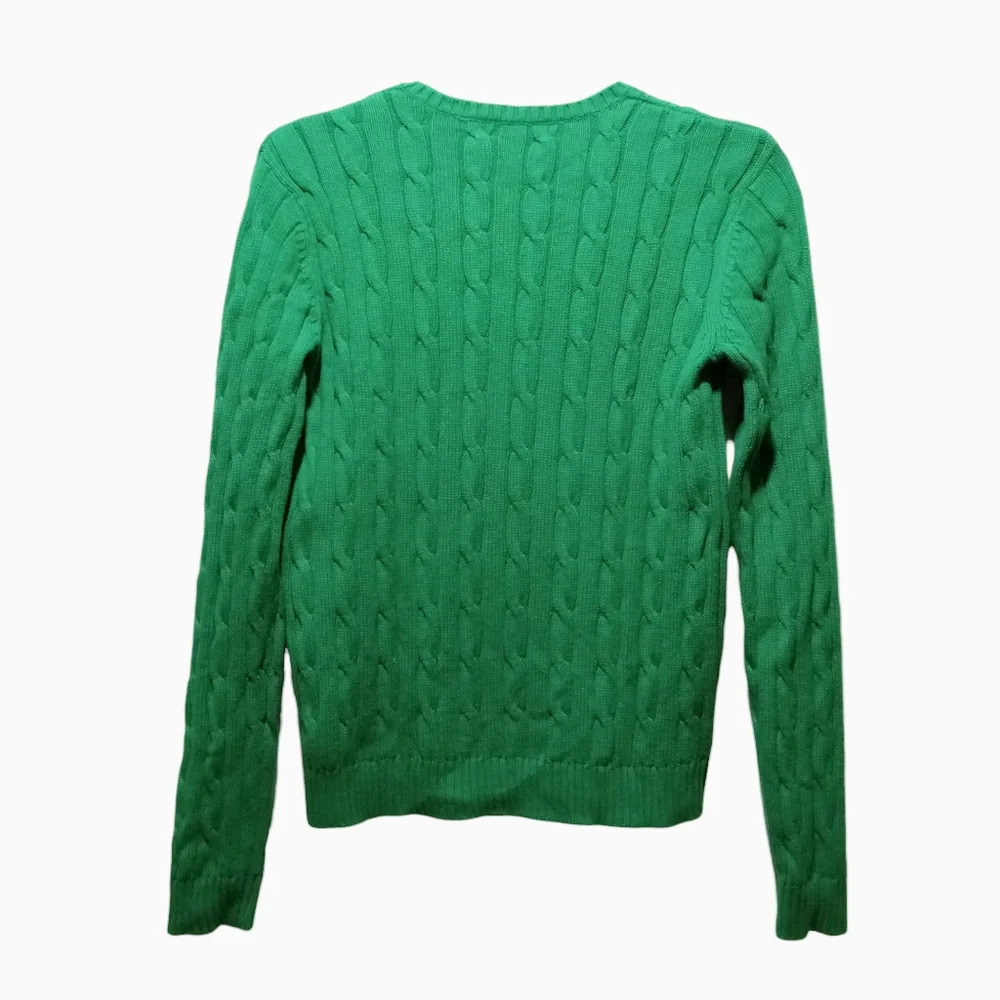 Green Cable Knit Ribbed V-Neck Sweater Medium Kelly Green - Picture 2 of 7